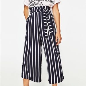 ZARA Navy & White Striped Culottes Pants